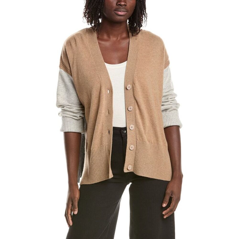 &Isla Womens  Charlie Longline Colorblock 100% Cashmere Cardigan, Brown